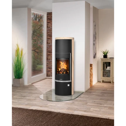 Justus Kaminofen Faro W+ 2.0 Stahl Schwarz mit Sandstein Holzoptik 7 kW